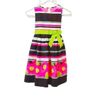Girl's Pink Floral & Stripe Dress Size 7 with Green Polka Dot Waist Band & Bow